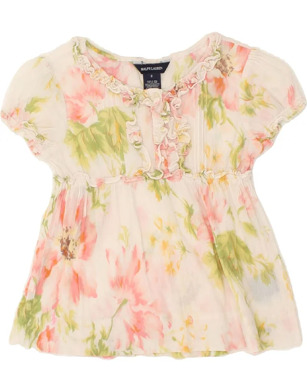 RALPH LAUREN Girls Blouse Top 5-6 Years Pink Floral Cotton Ruched Sleeve Blouse