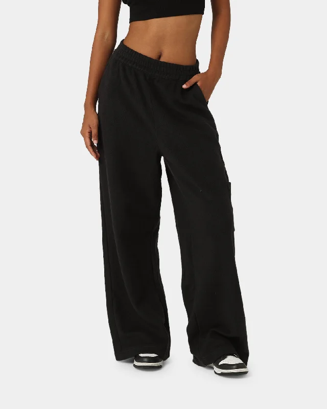 Reebok Women's Classic Fleece Wide Leg Pants Black Comfy Zip-Up Pants