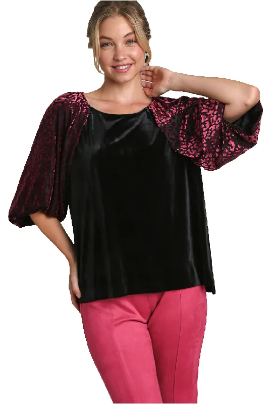 Umgee Leopard Velvet Sheer Balloon Half Sleeve Shirt Split Side Top High-Low Blouse Bell Sleeve Blouse Umgee Leopard Velvet Sheer Balloon Half Sleeve Shirt Split Side Top High-Low Blouse Bell Sleeve Blouse