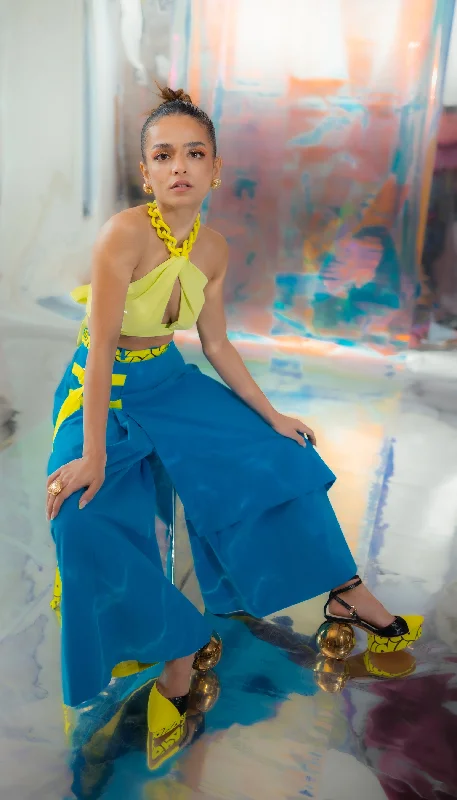 Cerulean Blue Japanese Pants Trendy Wide-Legged Trousers