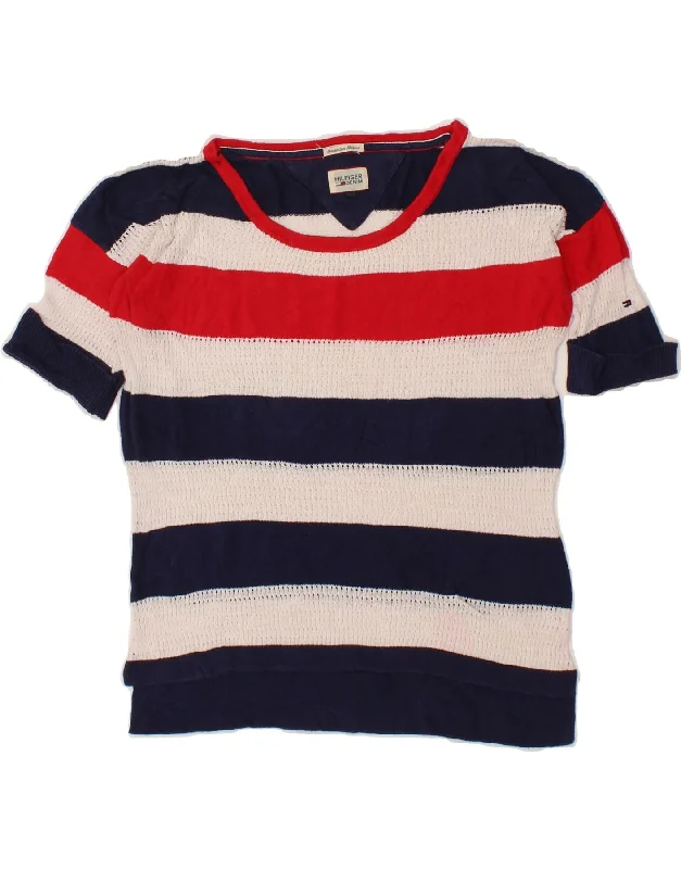 TOMMY HILFIGER Womens Blouse Top UK 6 XS Navy Blue Striped Chic Square Blouse