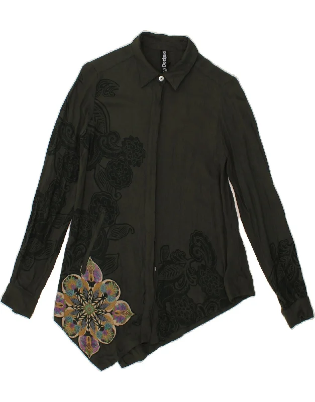DESIGUAL Womens Asymmetric Shirt Blouse UK 6 XS Khaki Floral Viscose Satin Bow Blouse DESIGUAL Womens Asymmetric Shirt Blouse UK 6 XS Khaki Floral Viscose Satin Bow Blouse