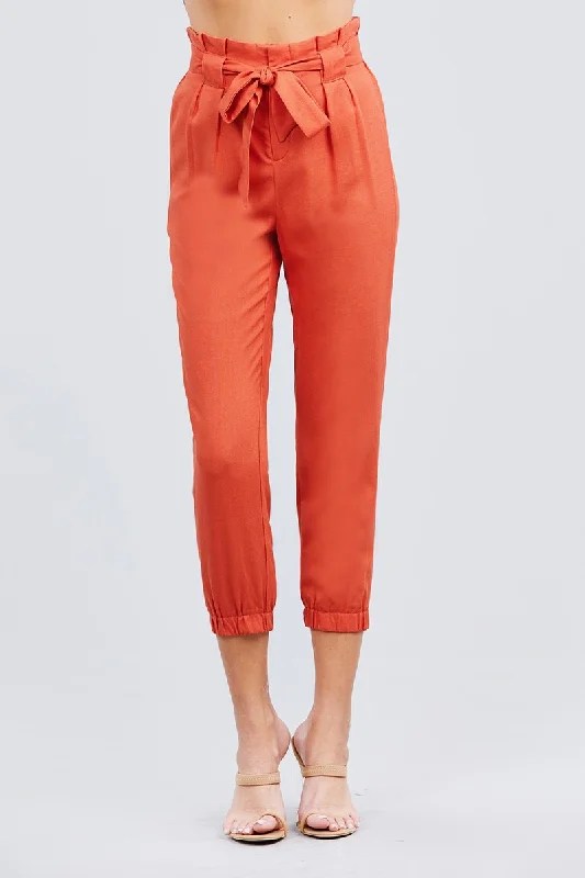 Paperbag W/bow Tie Elastic Hem Long Linen Pants Casual Yoga Pants