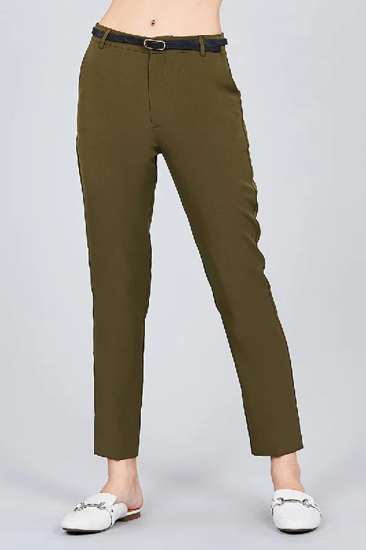 Classic Woven Pants W/belt Chic Capri Pants
