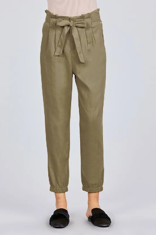 Paperbag W/bow Tie Elastic Hem Long Linen Pants Modern Bootcut Pants