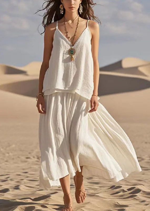 Boho White V Neck Patchwork Cotton Spaghetti Strap Dress Summer