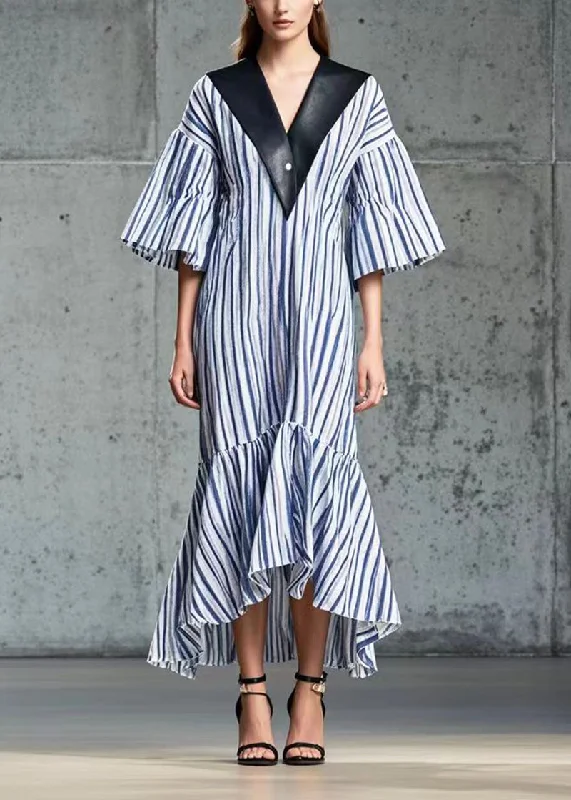 French Blue Striped Patchwork PU Cotton Long Dress Summer