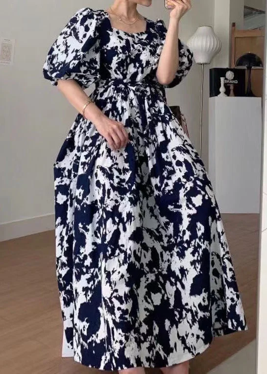 Elegant Black Square Collar Print Cotton Long Dress Summer