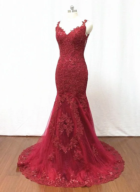 Elegant Burgundy Tulle Lace Long Mermaid Evening Dress, Beautiful Prom Dress