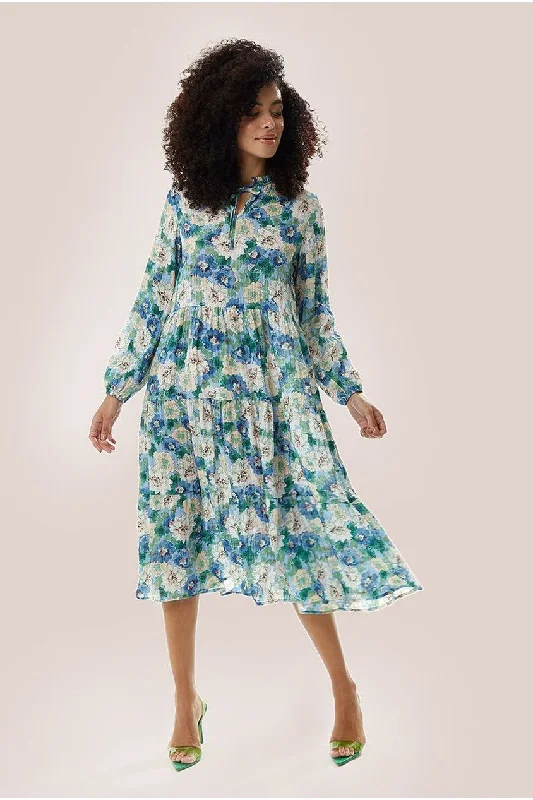 Liquorish Divine Grace Blue Floral Midi Smock Dress