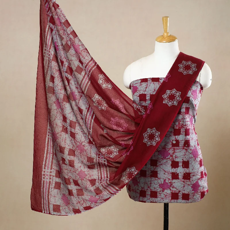 Red - 3pc Cotton Kutch Batik Print Dress Material 128