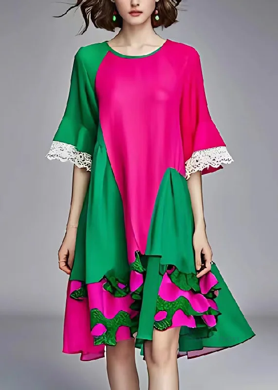 Organic Colorblock O-Neck Hollow Out Patchwork Chiffon Long Dress Half Sleeve