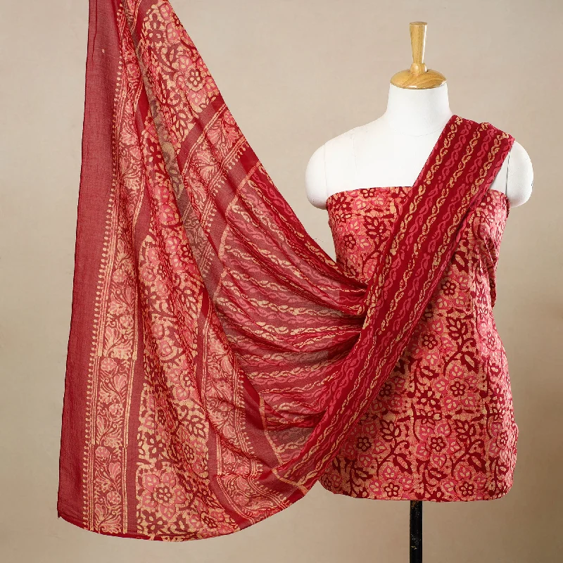 Red - 3pc Cotton Kutch Batik Print Dress Material 76