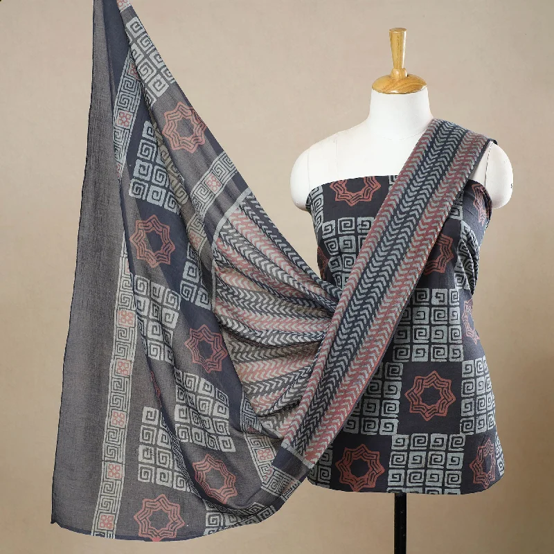 Grey - 3pc Cotton Kutch Batik Print Dress Material 121