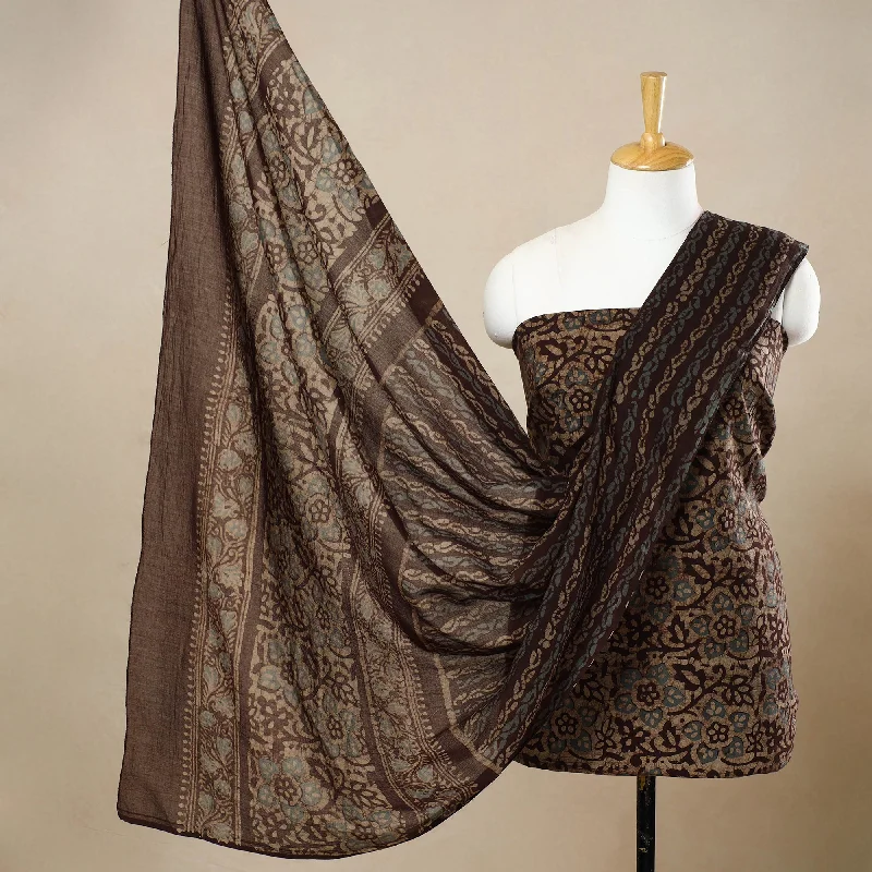 Brown - 3pc Cotton Kutch Batik Print Dress Material 79