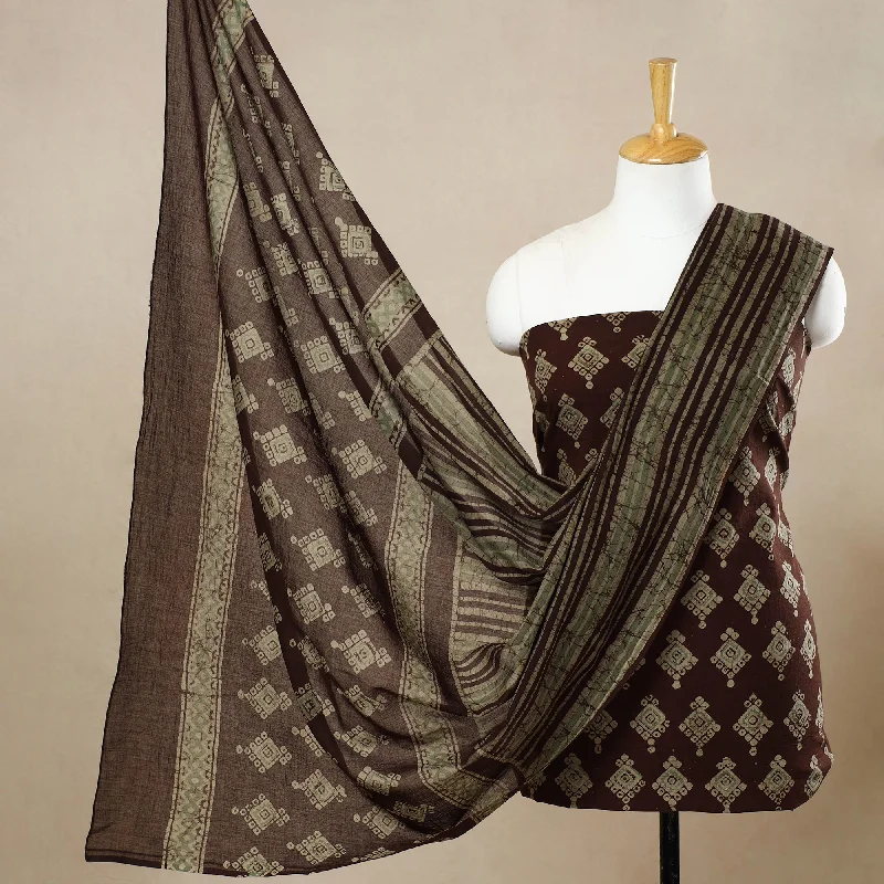 Brown - 3pc Cotton Kutch Batik Print Dress Material 56