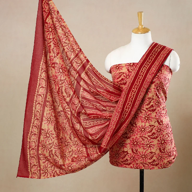 Red - 3pc Cotton Kutch Batik Print Dress Material 132