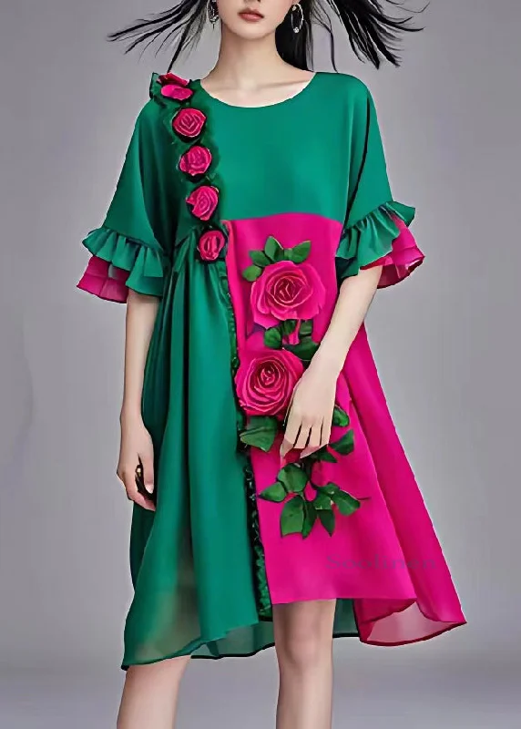 Boutique Colorblock Floral Chiffon Long Dresses Flare Sleeve