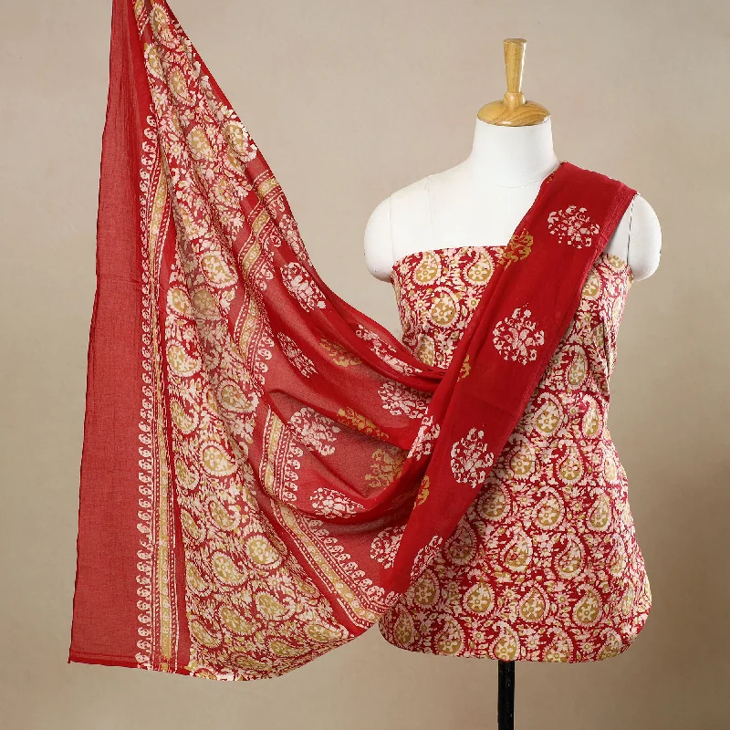 Red - 3pc Cotton Kutch Batik Print Dress Material 150