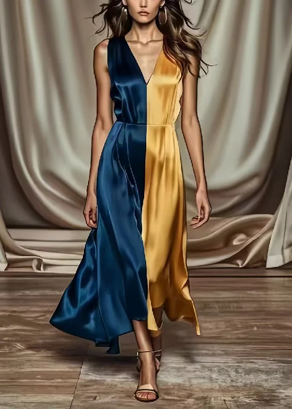 Women Colorblock Asymmetrical Patchwork Draping Silk Long Dress Summer