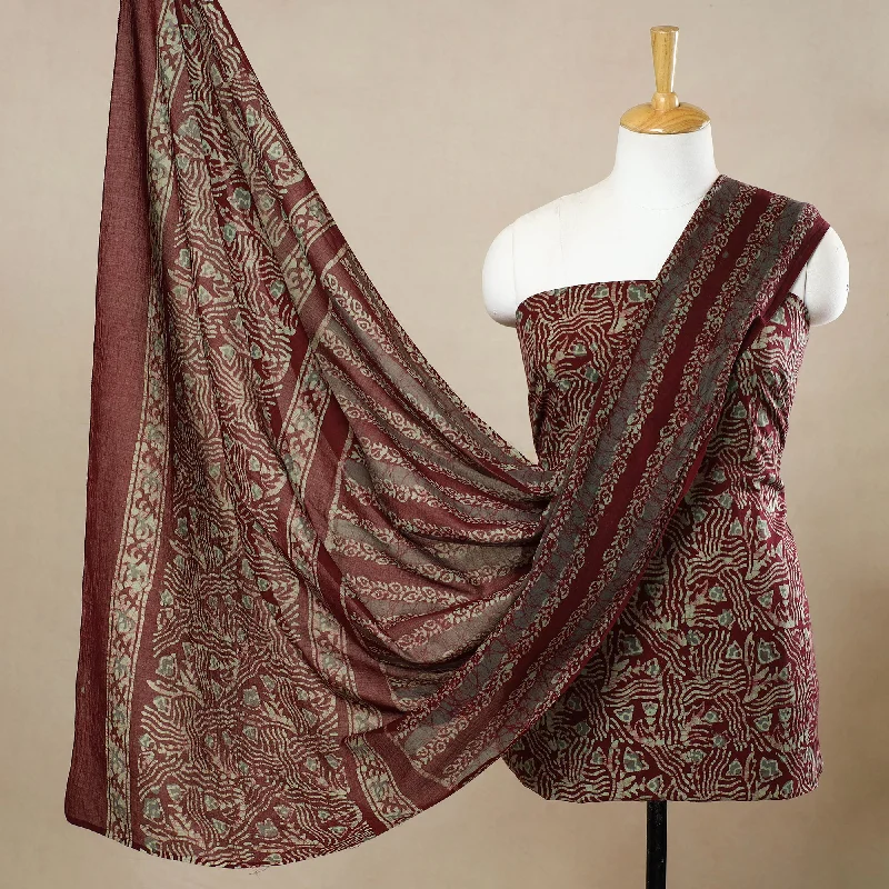 Maroon - 3pc Cotton Kutch Batik Print Dress Material 57