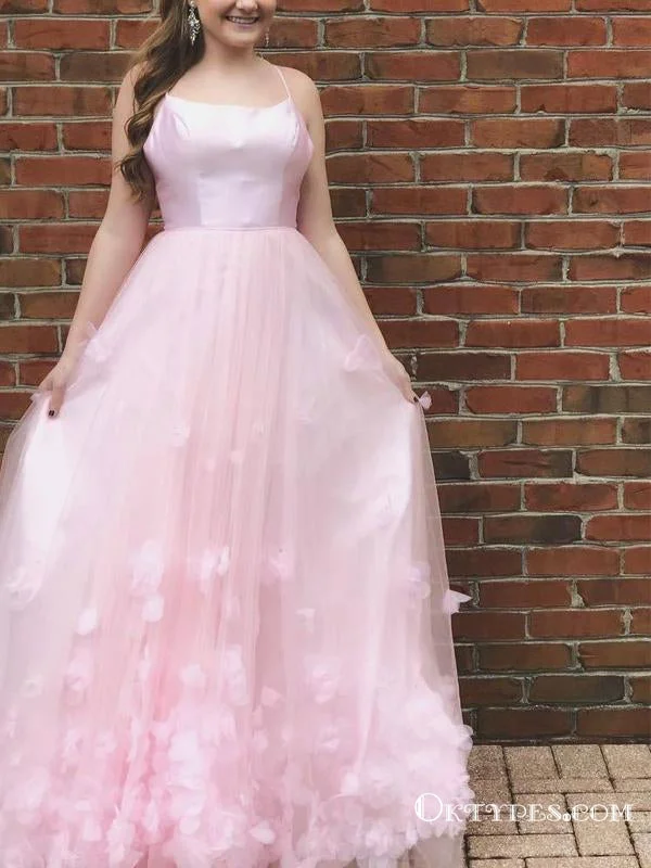 Princess Spaghetti Straps Appliques Pink Long Cheap Prom Dresses, TYP1799