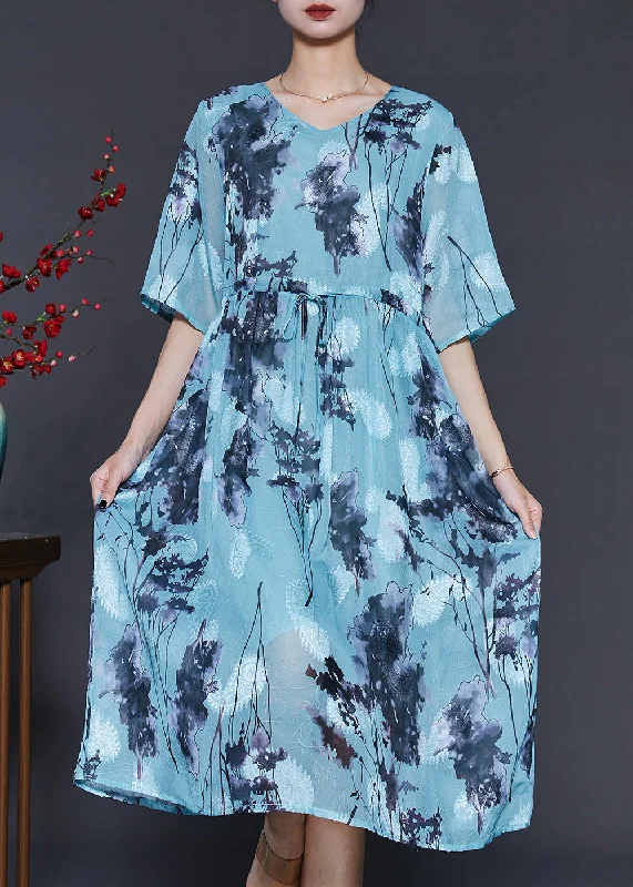 Fashion Blue Cinched Print Chiffon Long Dresses Summer
