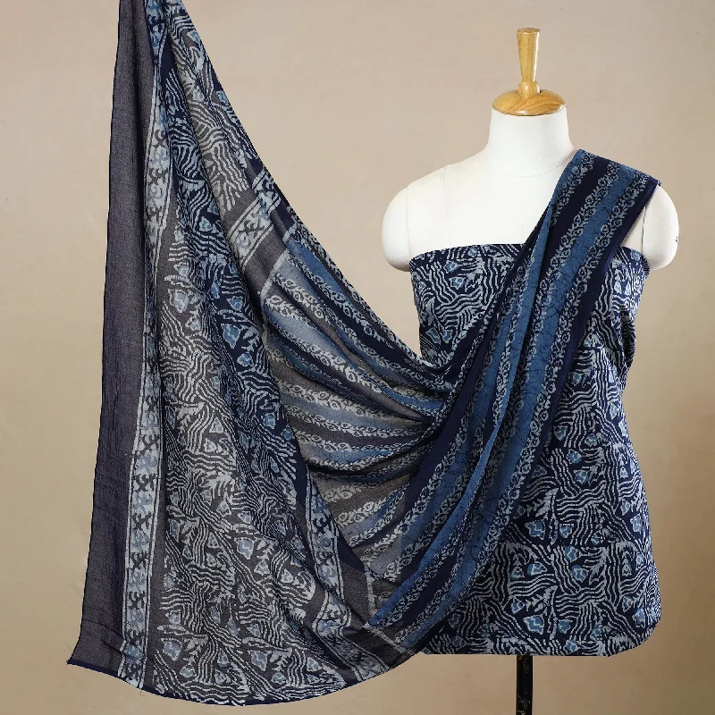 Blue - 3pc Cotton Kutch Batik Print Dress Material 100