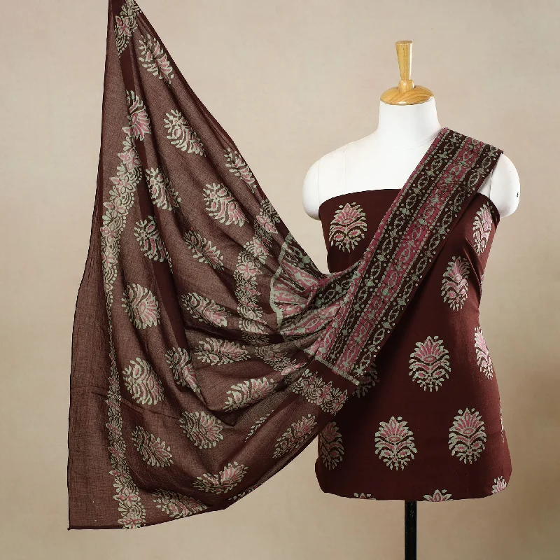 Brown - 3pc Cotton Kutch Batik Print Dress Material 141