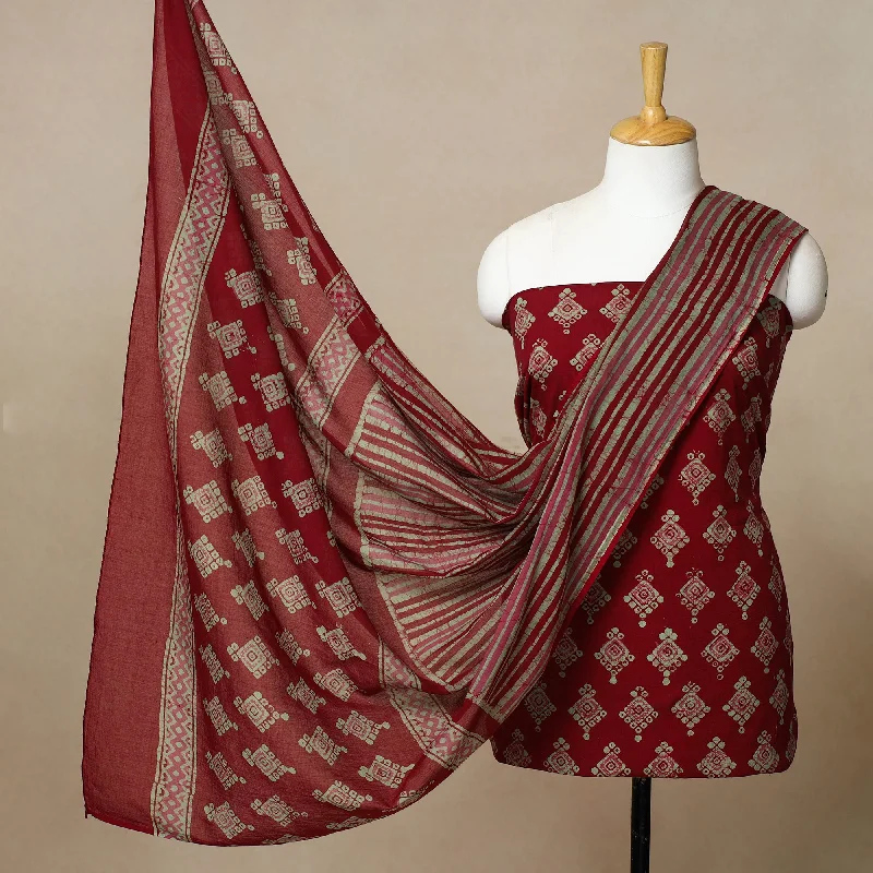 Red - 3pc Cotton Kutch Batik Print Dress Material 25
