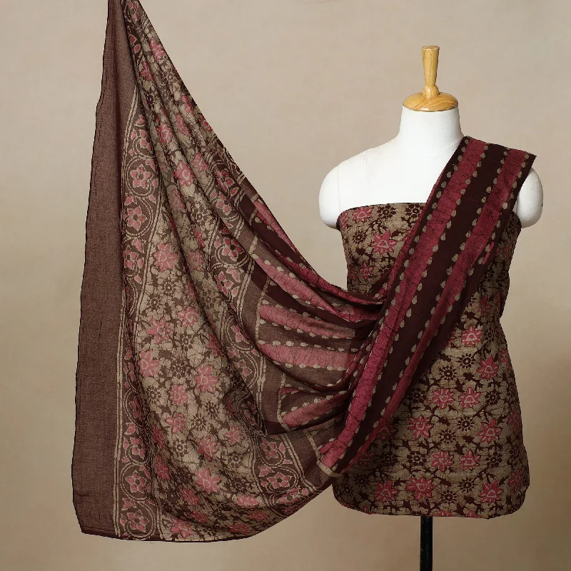 brown - 3pc Cotton Kutch Batik Print Dress Material 12