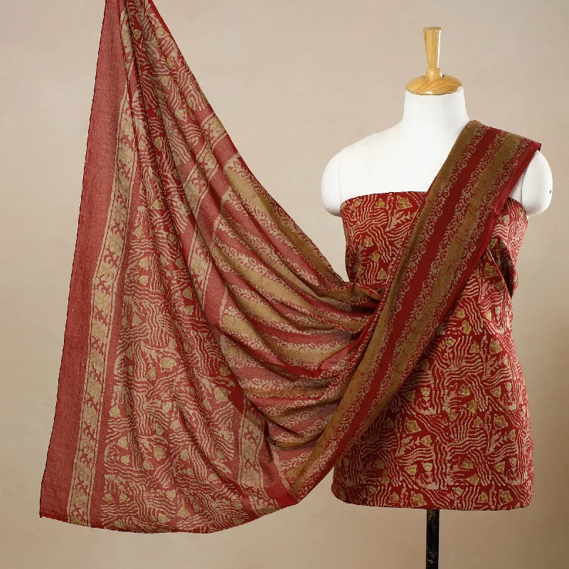 Red - 3pc Cotton Kutch Batik Print Dress Material 93