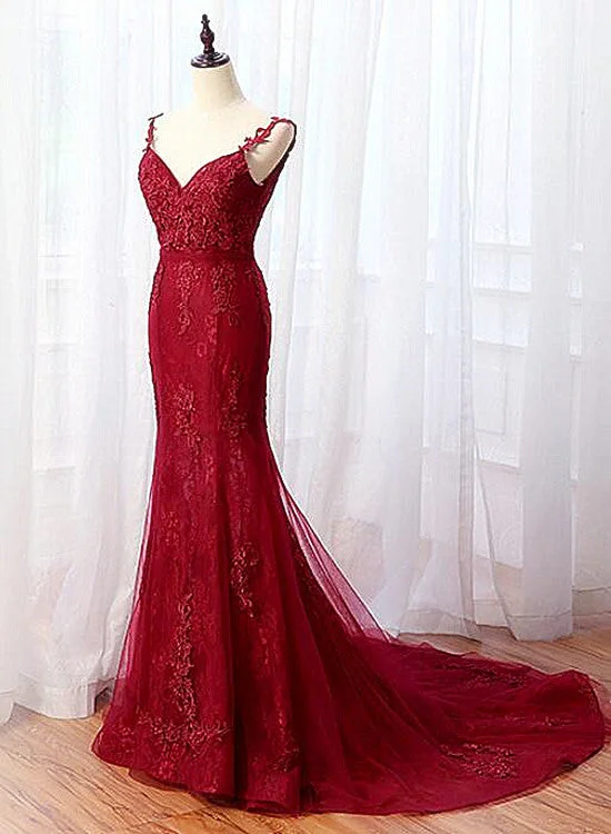 Charming Mermaid Lace Burgundy Prom Dress, Tulle Long Evening Dress