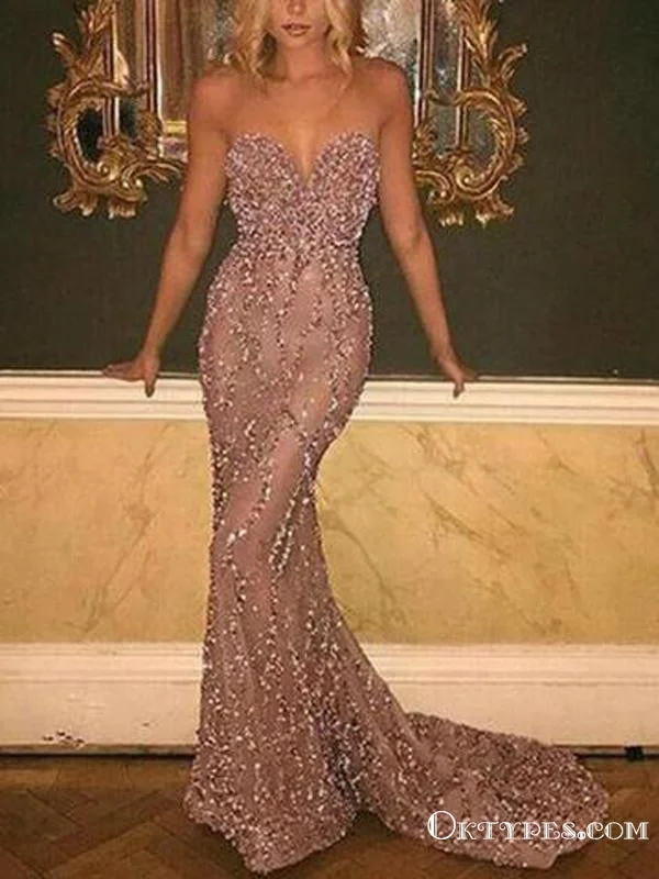 Sweetheart Sleeveless Sexy Sparkly Heavy Beaded Long Cheap Mermaid Backless Prom Dresses, TYP2088