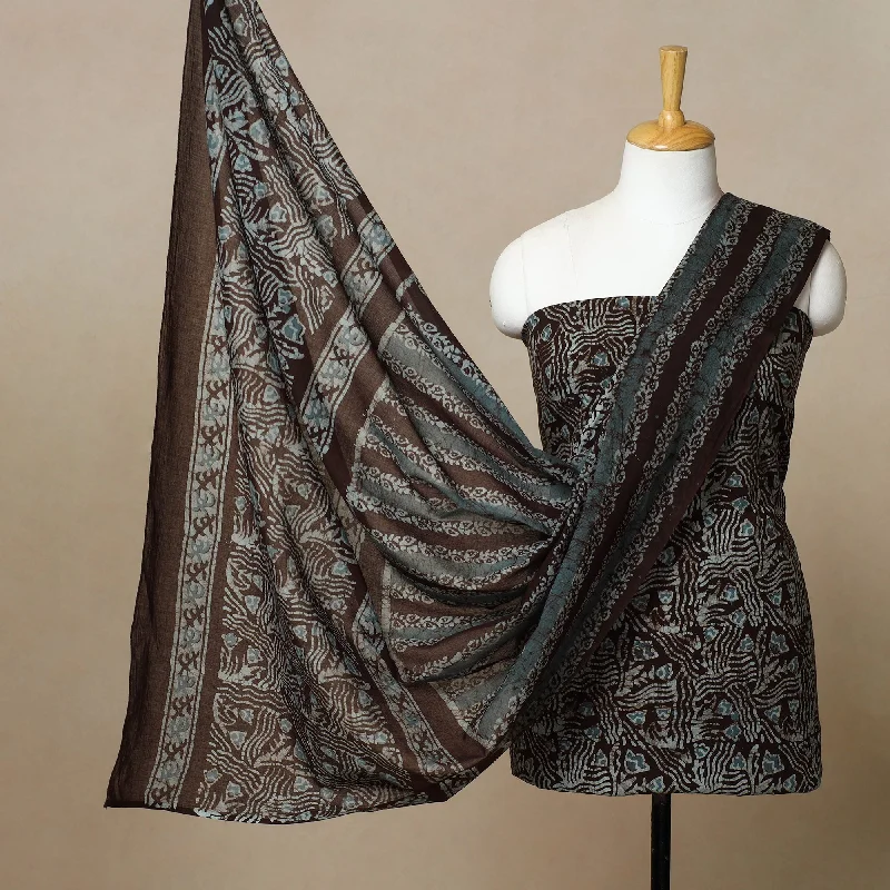 Brown - 3pc Cotton Kutch Batik Print Dress Material 10