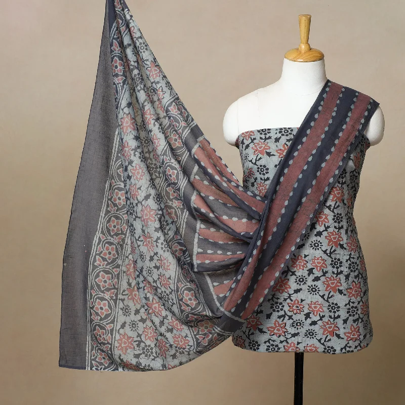 Grey - 3pc Cotton Kutch Batik Print Dress Material 13