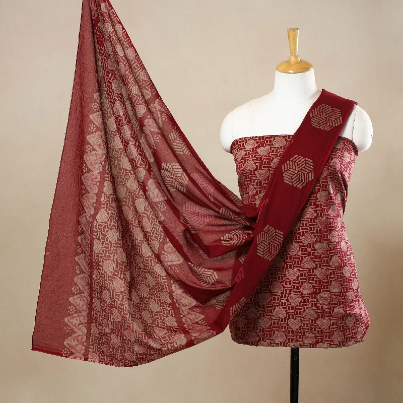 Red - 3pc Cotton Kutch Batik Print Dress Material 151