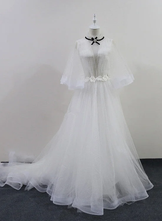 Beautiful White Tulle with Sleeves Long Party Gown, White Evening Dress