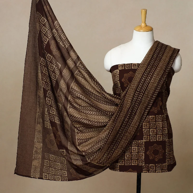 Brown - 3pc Cotton Kutch Batik Print Dress Material 11