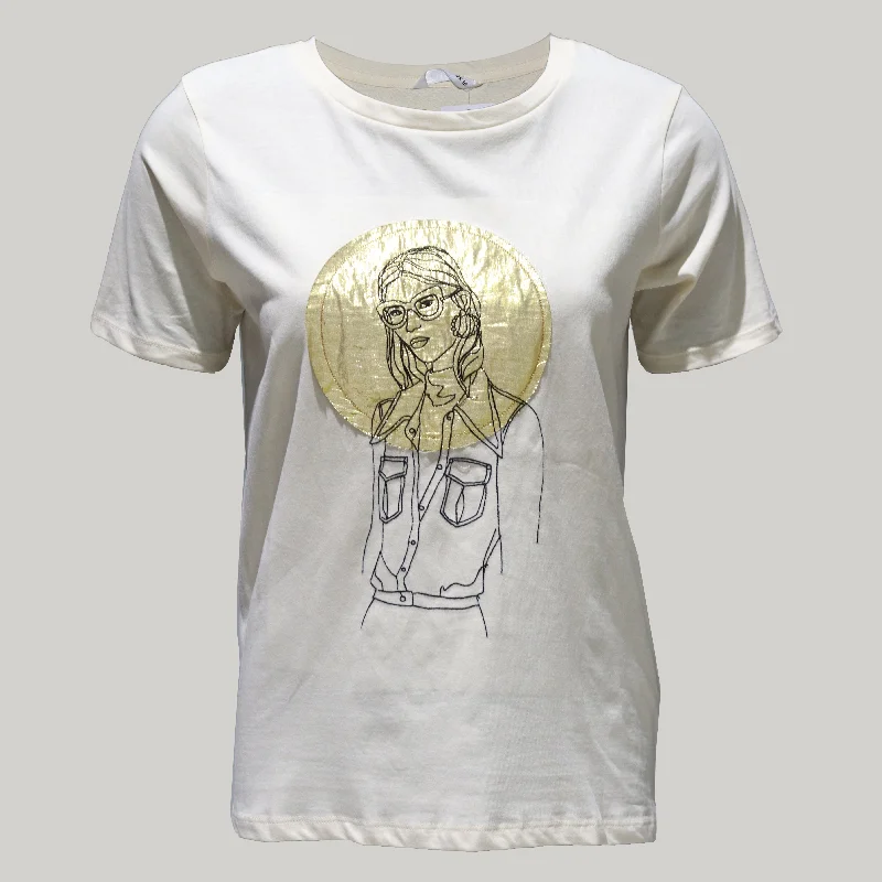 Beige Embellished T-Shirt Mesh Fabric Canvas Fabric Denim Fabric