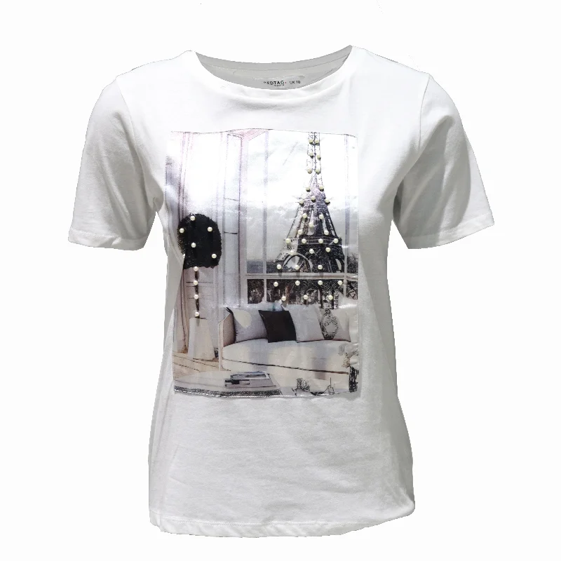 White Print T-Shirt Notch Collar Peter Pan Collar Cowl Neck