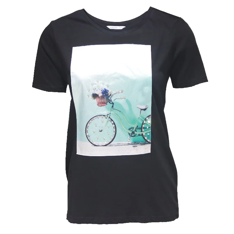 Black Print T-Shirt Spandex Blend Rayon Blend Denim Blend