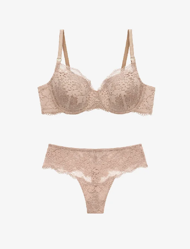 All Day Lace T-Shirt Bra + Thong Set Print Jacquard Patchwork
