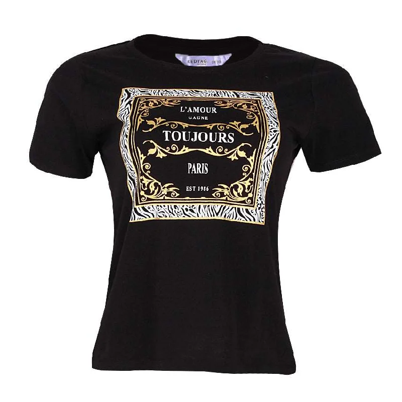 REDTAG Black Casual T-Shirt for Women Handmade Hand-knitted Hand-woven