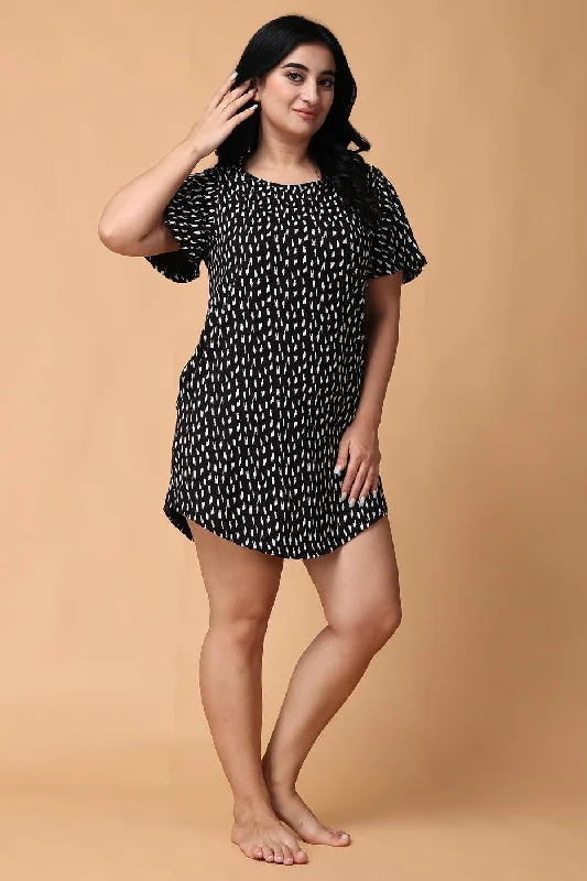 Black Dash Printed Long T-shirt Dress Satin Blend Silk Blend Wool Blend