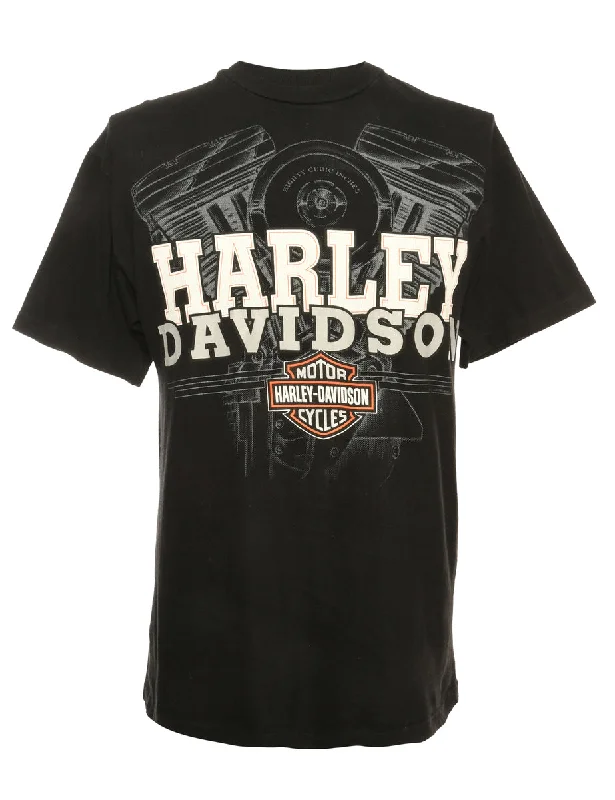 Black Harley Davidson Printed T-shirt - M Hooded Caped Shawl Collar