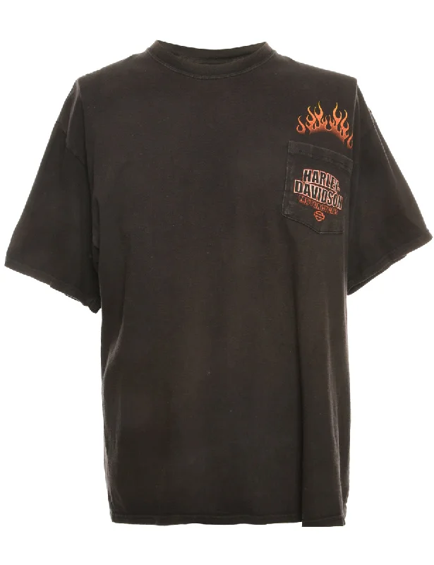 Black Harley Davidson Printed T-shirt - M V-Neck T-Shirt Long Sleeve Cotton
