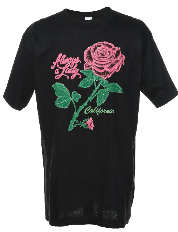 Black Printed Rose Design T-shirt - XL Front Pockets Side Pockets Patch Pockets