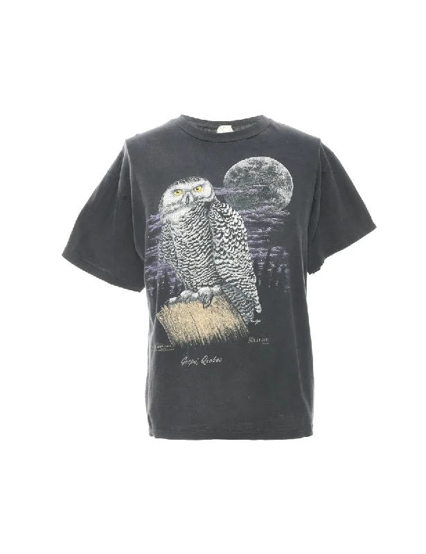 Black T-shirt With Owl Print - M Collared Crew Neck Turtle Neck