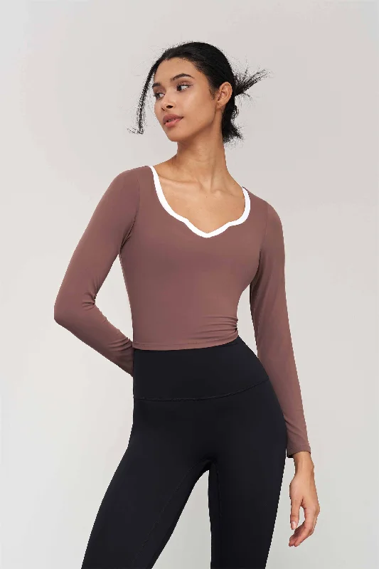 CX1572-NUF color contrast V-neck yoga wear long sleeve with chest pad autumn fitness wear top tight short swing naked yoga T-shirt woman Mesh Fabric Canvas Fabric Denim Fabric